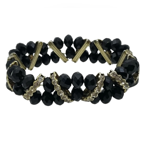 BLACK GLASS BEADED & WHITE GLASS RHINESTONE STRETCH BRACELET - Picture 4 of 6